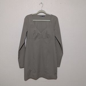 Zara Khaki Long Sleeve Mini Dress. V-neck And Empire Waist